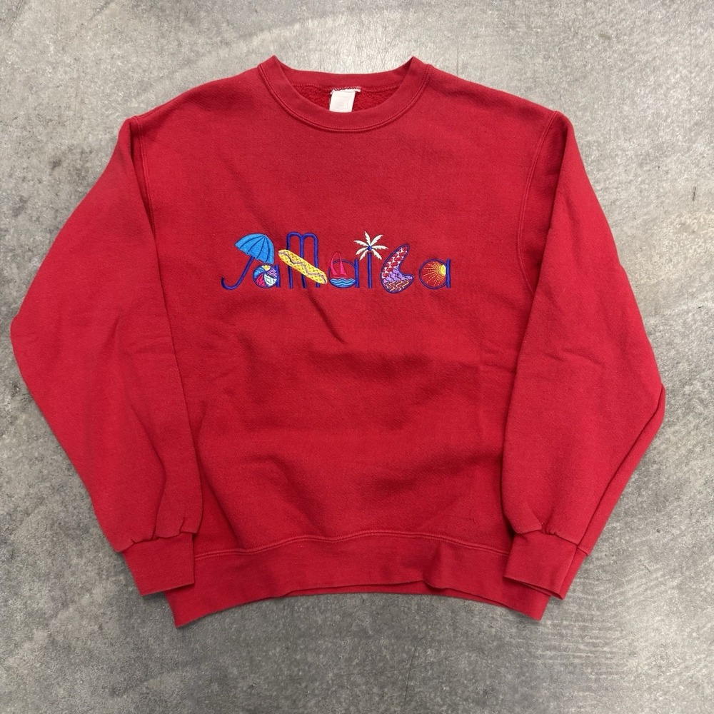 Vintage 90's Jamaica Crewneck Red Embroidered Cotton Loungewear Pullover Small